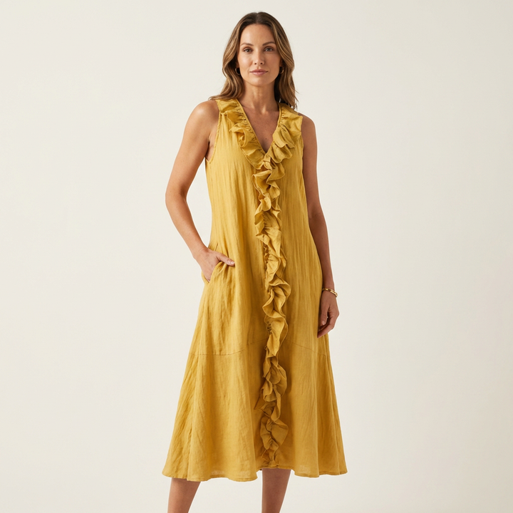 Women’s Ruffle Front V-Neck Sleeveless Maxi Dress