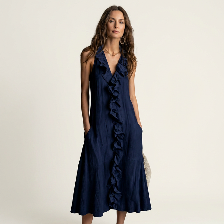 Women’s Ruffle Front V-Neck Sleeveless Maxi Dress