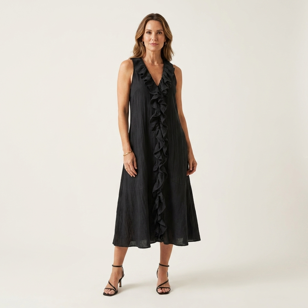 Women’s Ruffle Front V-Neck Sleeveless Maxi Dress