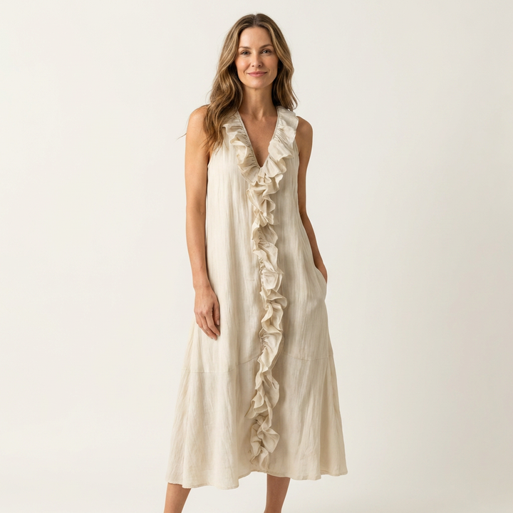Women’s Ruffle Front V-Neck Sleeveless Maxi Dress