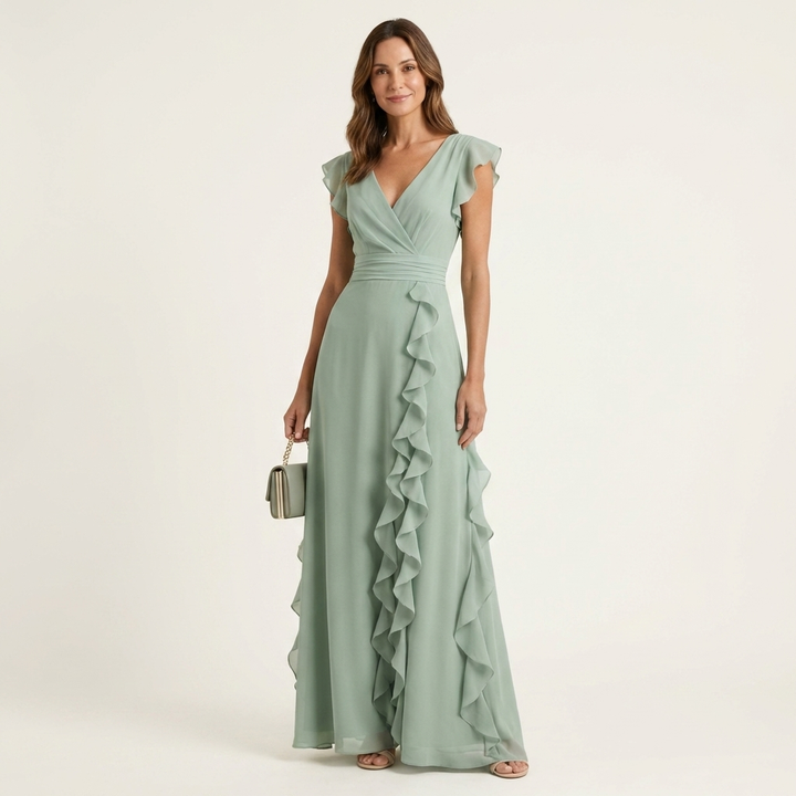 Women’s Wrap V-Neck Flutter-Sleeve Ruffle Maxi Dress