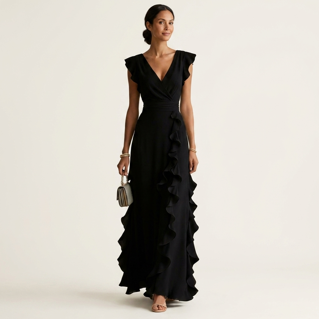 Women’s Wrap V-Neck Flutter-Sleeve Ruffle Maxi Dress
