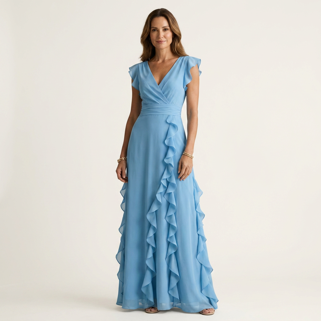 Women’s Wrap V-Neck Flutter-Sleeve Ruffle Maxi Dress