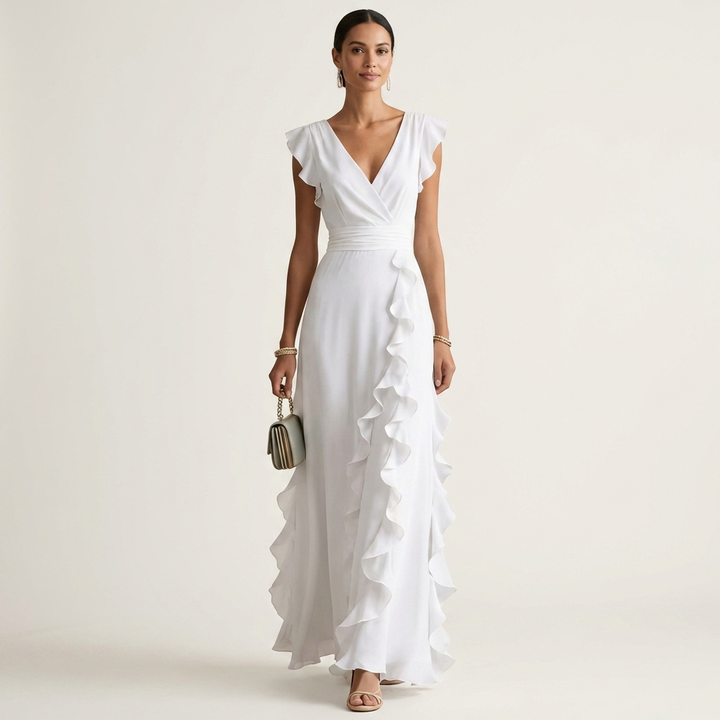 Women’s Wrap V-Neck Flutter-Sleeve Ruffle Maxi Dress