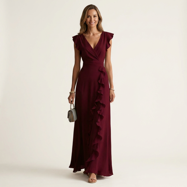 Women’s Wrap V-Neck Flutter-Sleeve Ruffle Maxi Dress
