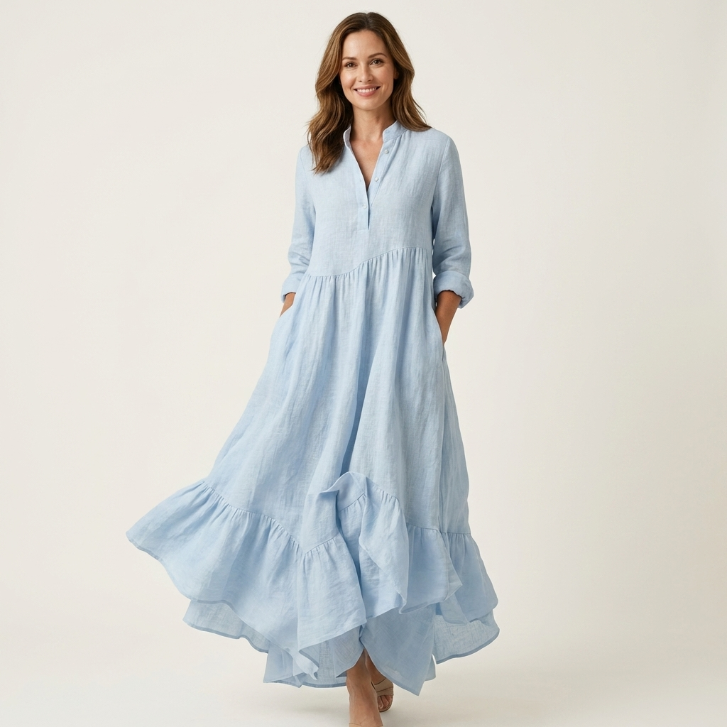Women’s High Neck Button Front Ruffle Hem Maxi Dress