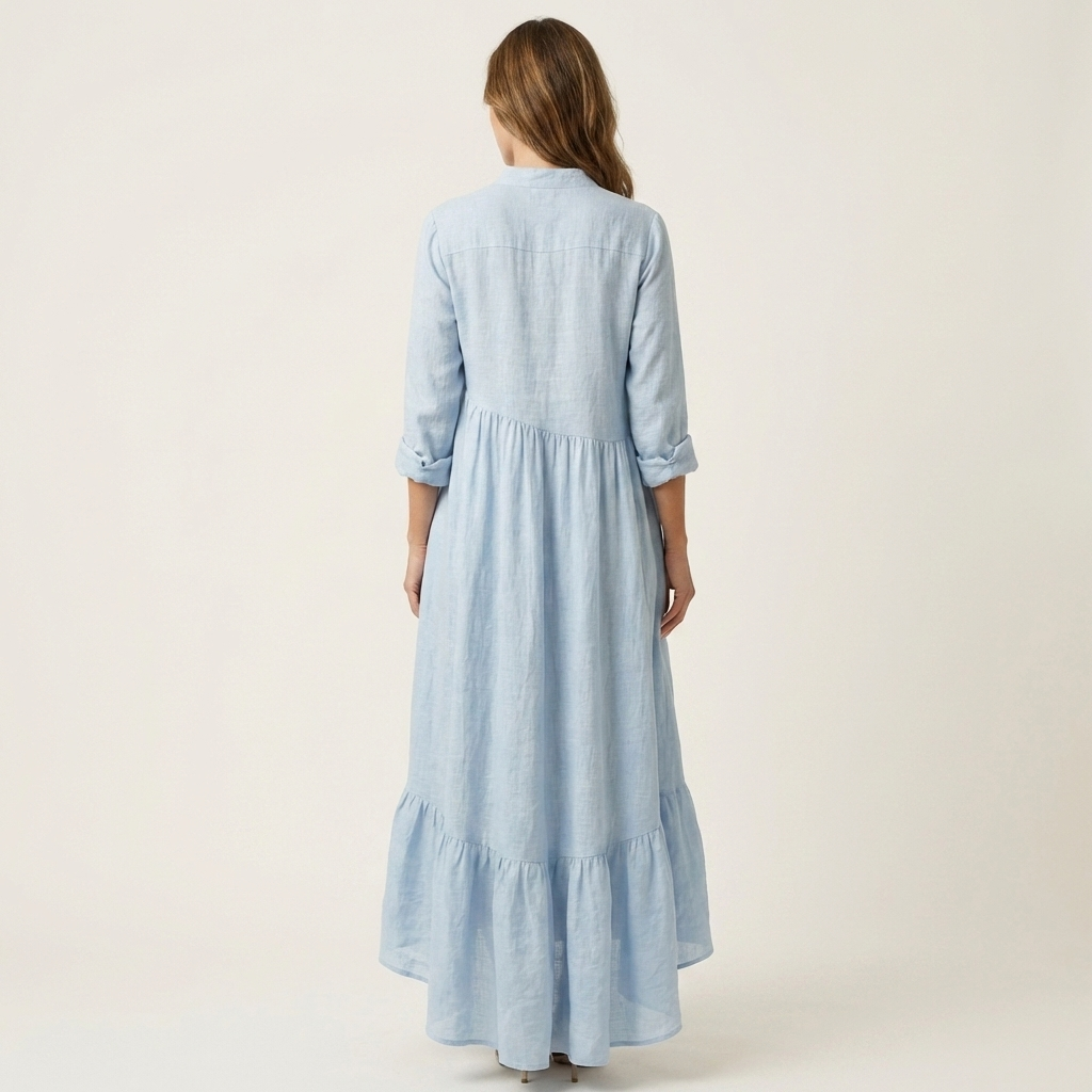 Women’s High Neck Button Front Ruffle Hem Maxi Dress