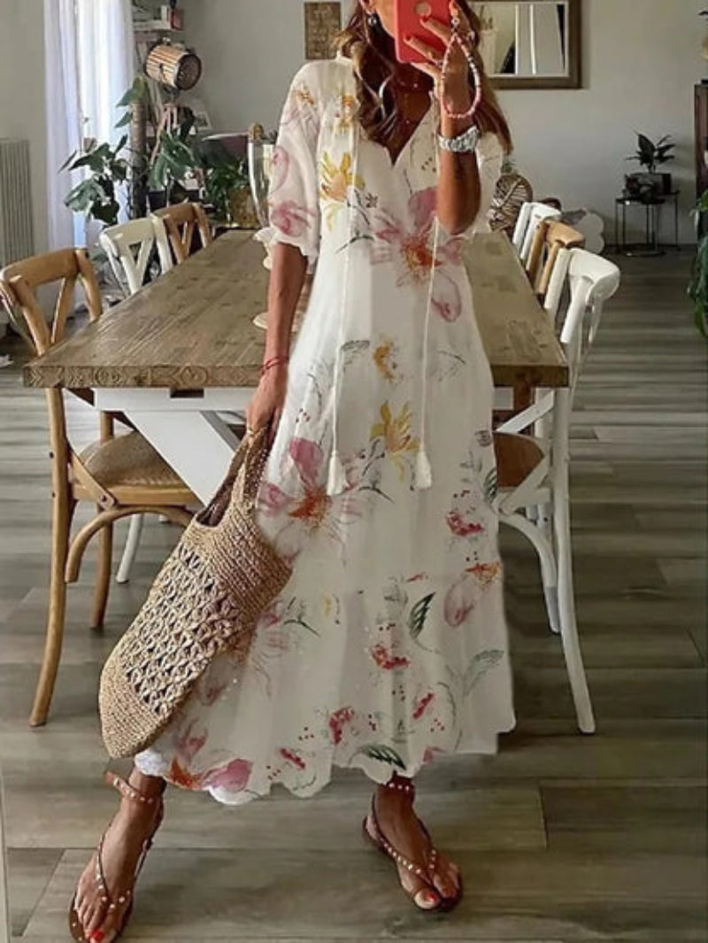 Kirra- Boho Vintage V-Neck Printed Dress